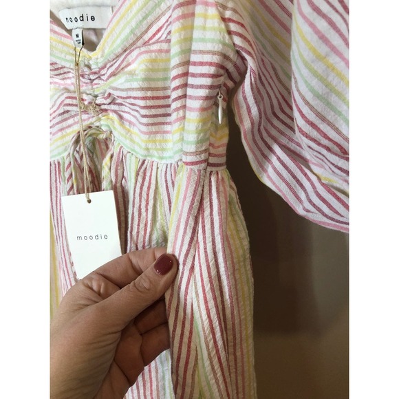 Moodie Rainbow Pinstripe Maxi Tiered Dress Feminine Preppy Size Medium - Picture 6 of 9